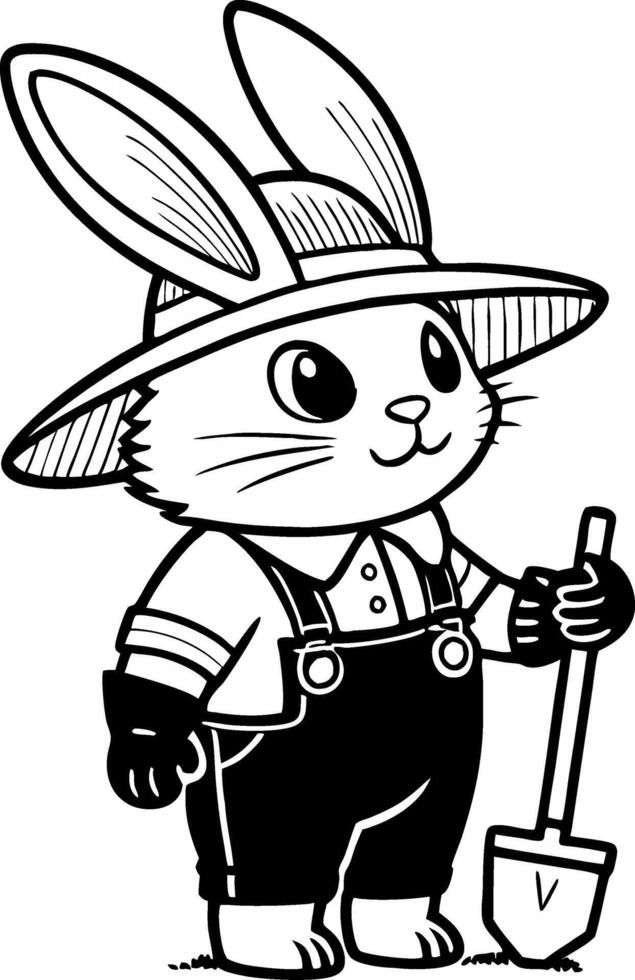 Cute Cartoon Bunny Farmer Holding Shovel with Hat and Overalls for Coloring Books and Crafts vector