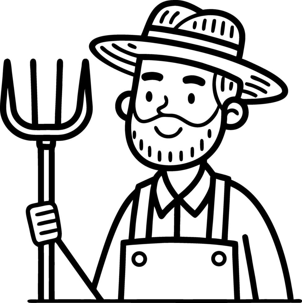 Cheerful Farmer Holding Pitchfork in Overalls with Straw Hat for Agricultural Illustrations vector