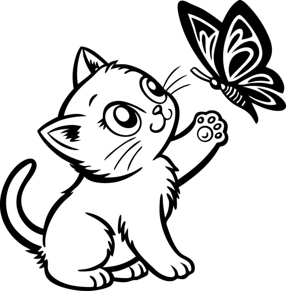 Cute Cat Playing with Butterfly Kawaii Style Illustration for Coloring Books and Art Designs vector
