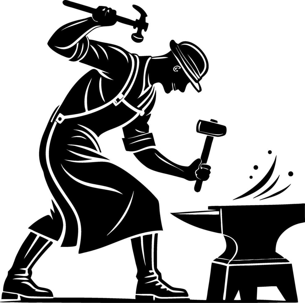 Blacksmith Hammering Iron at Anvil Craftsmanship Workshop Illustration vector