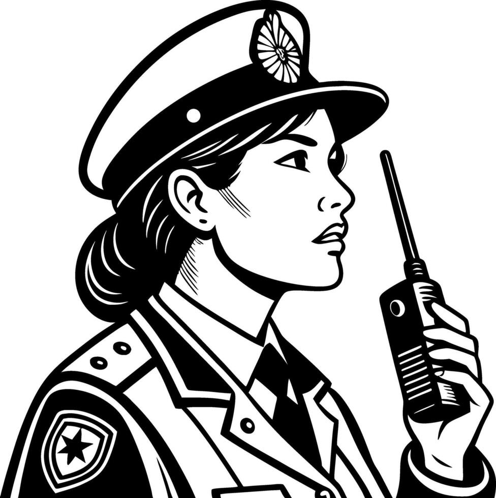 Police Woman Communicating with Walkie Talkie in Uniform for Law Enforcement Designs vector