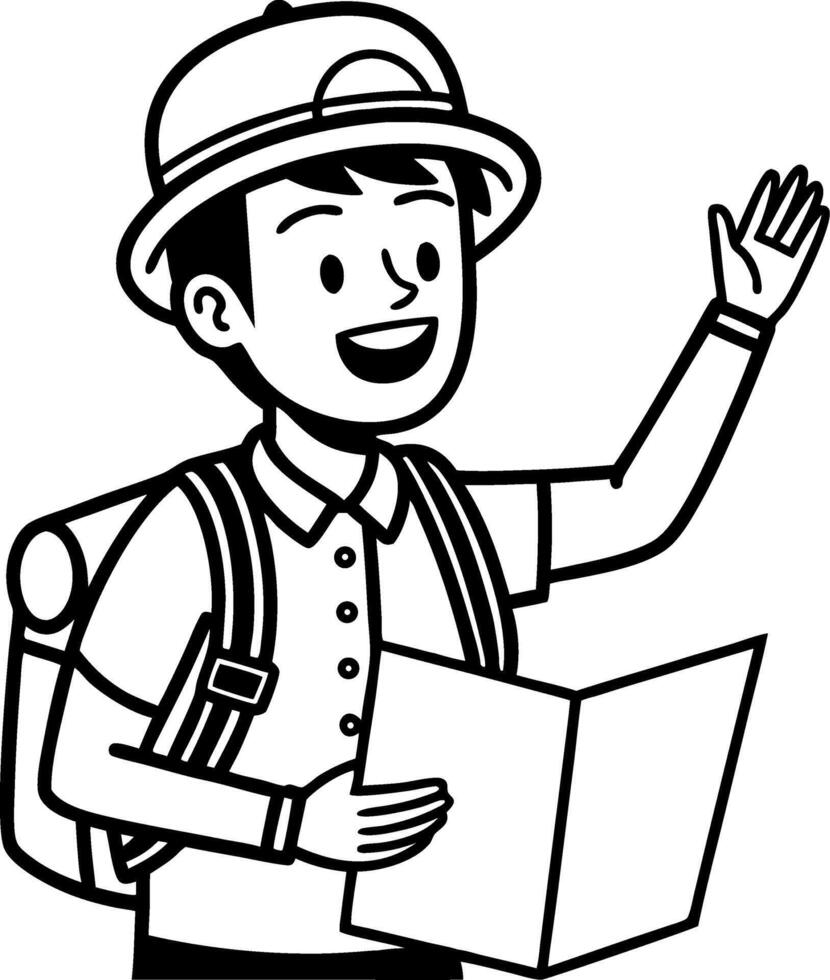 Cheerful Young Explorer Holding Map and Waving in Outdoor Adventure Outfit vector