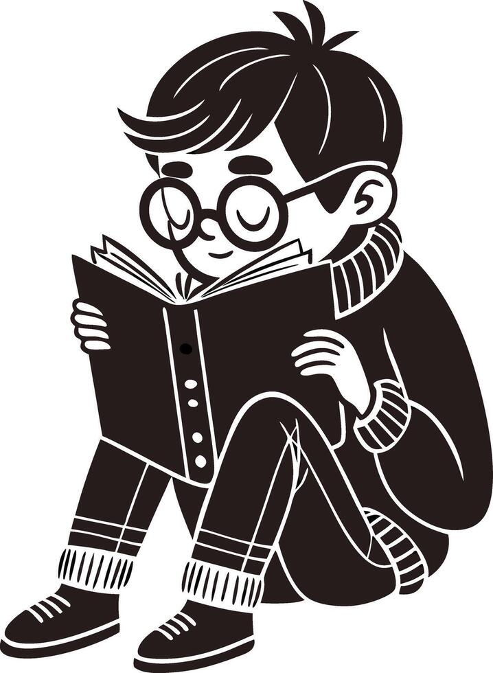 Boy Reading Book Sitting on Floor Cozy Sweater Illustration for Kids Coloring Activities vector