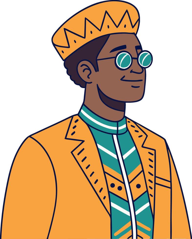 Stylish African Man in Colorful Traditional Attire with Hat and Glasses Illustration vector