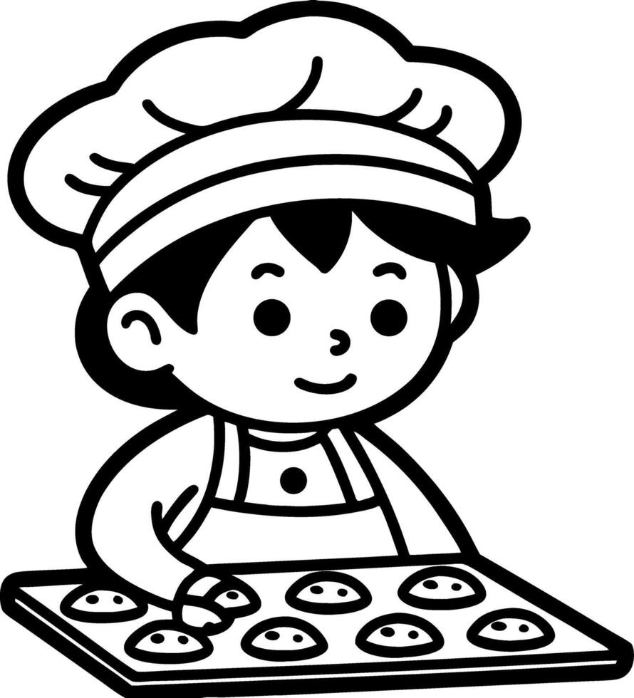 Cute Cartoon Chef Baking Cookies on a Baking Sheet with a Joyful Expression vector
