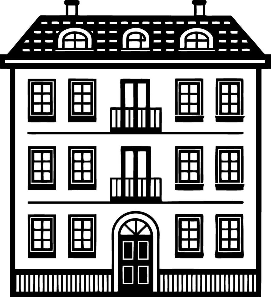 Charming Three-Story House Design with Balcony and Decorative Windows for Creative Projects vector