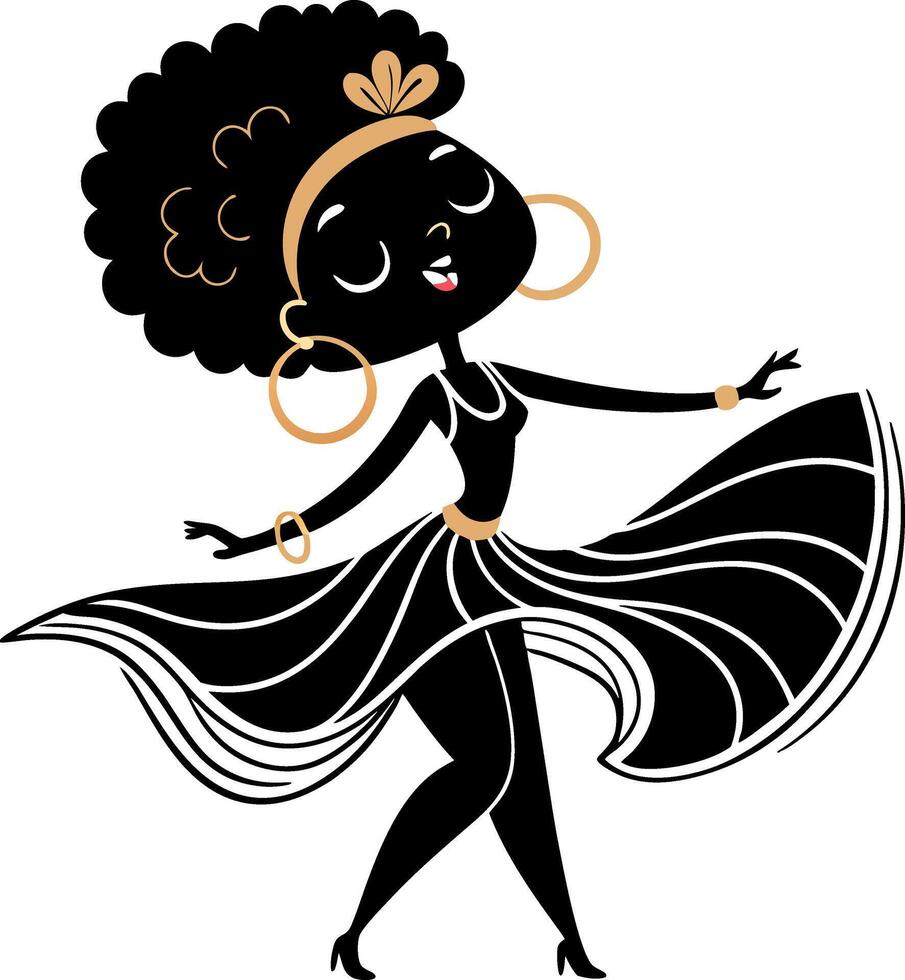 Charming Black Girl Dancing in Elegant Dress with Curly Hair and Accessories for Stylish Designs vector