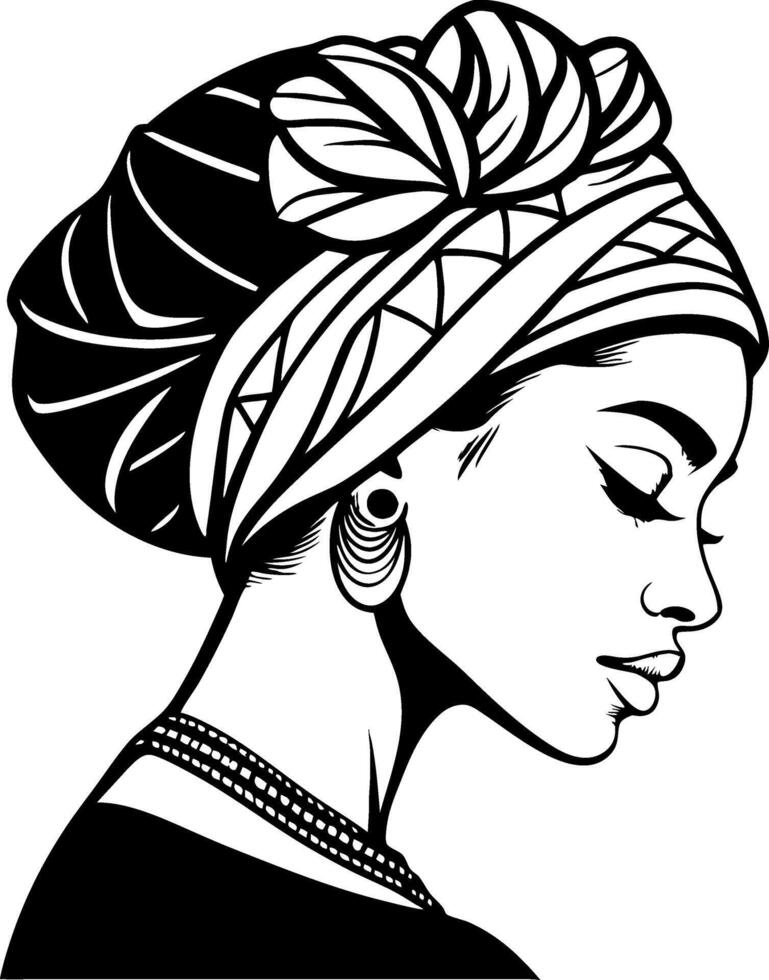 Elegant African Woman Silhouette with Headwrap for Tattoo Design and Coloring Book vector