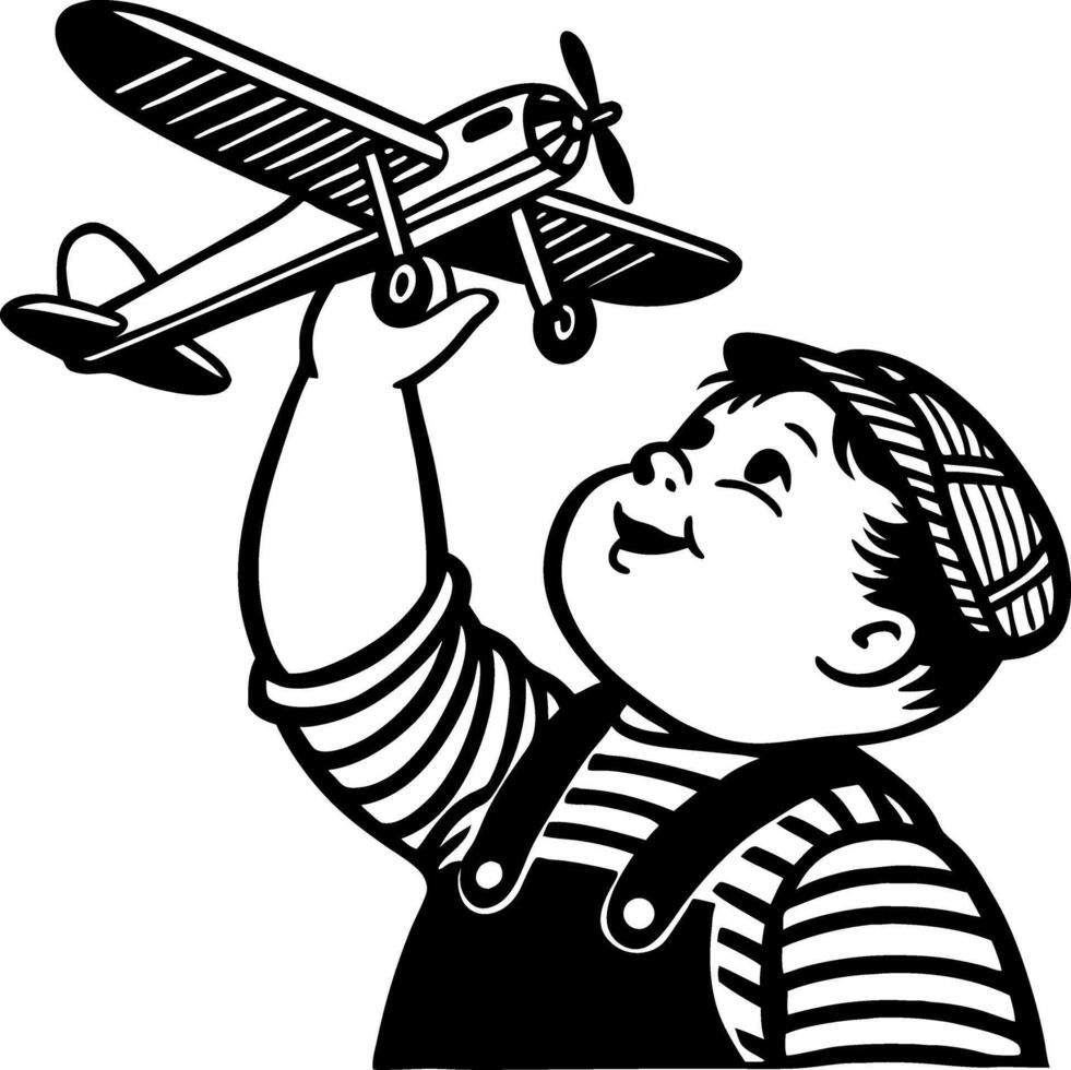 Joyful Boy Playing with Vintage Airplane Toy Illustration for Childrens Design vector