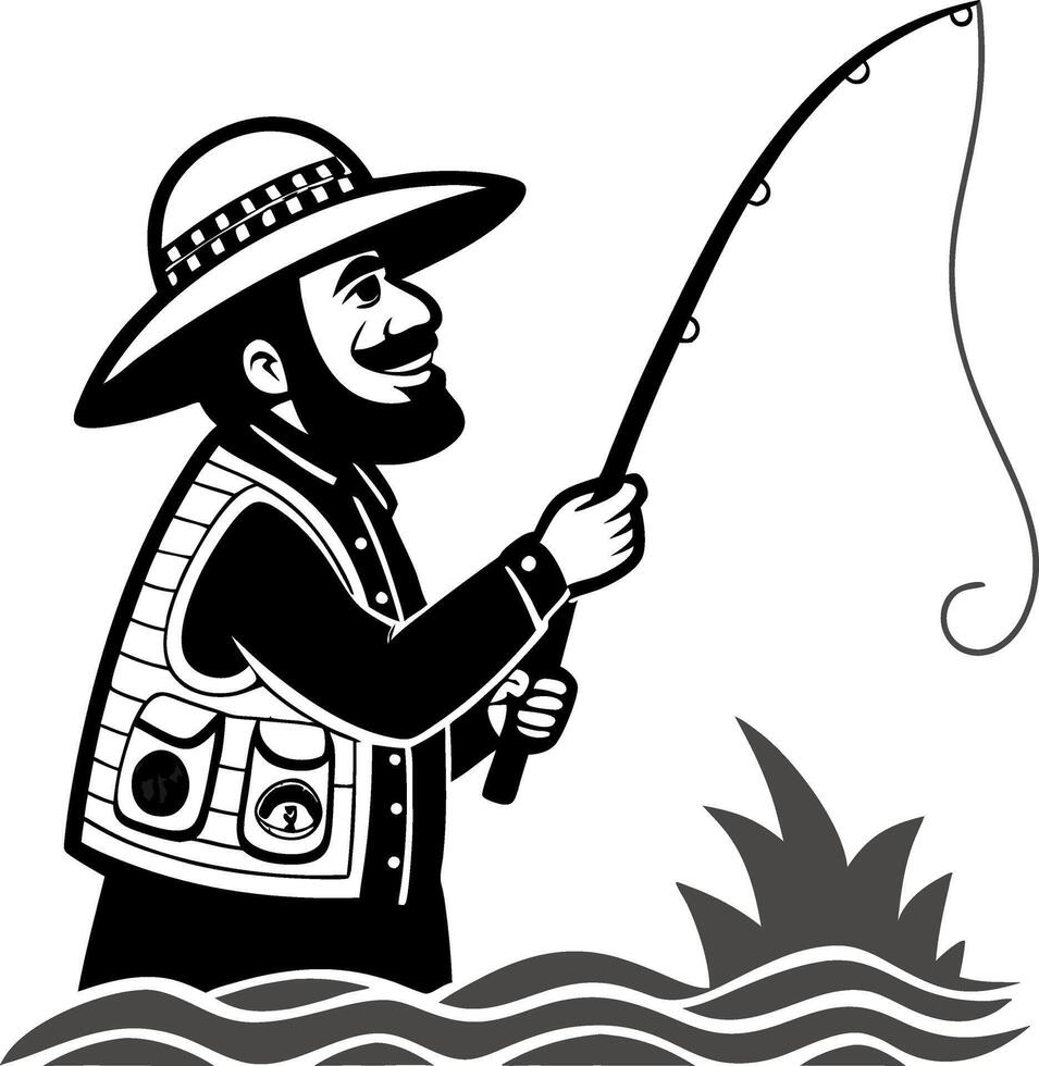 Happy Fisherman Catching Fish on a Lake Graphic for Outdoor and Fishing Enthusiasts vector