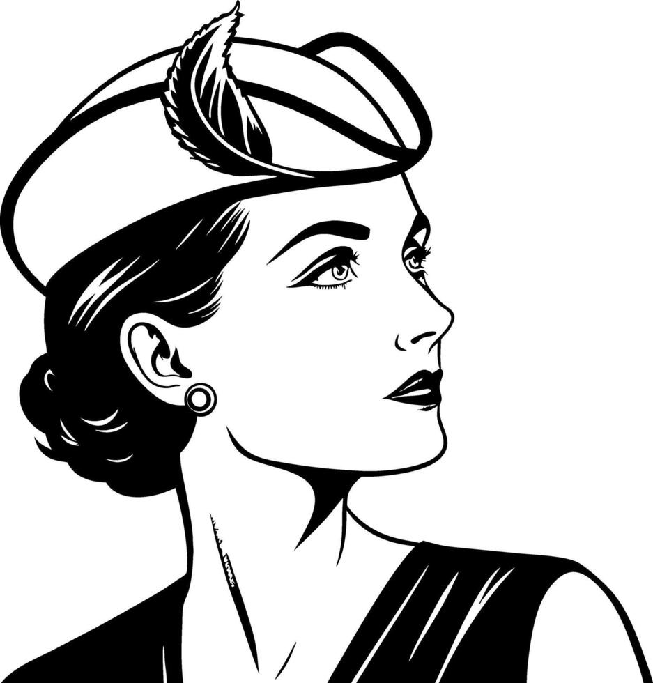 Elegant Vintage Woman Silhouette with Stylish Hat and Feather for Fashion and Tattoo Design vector