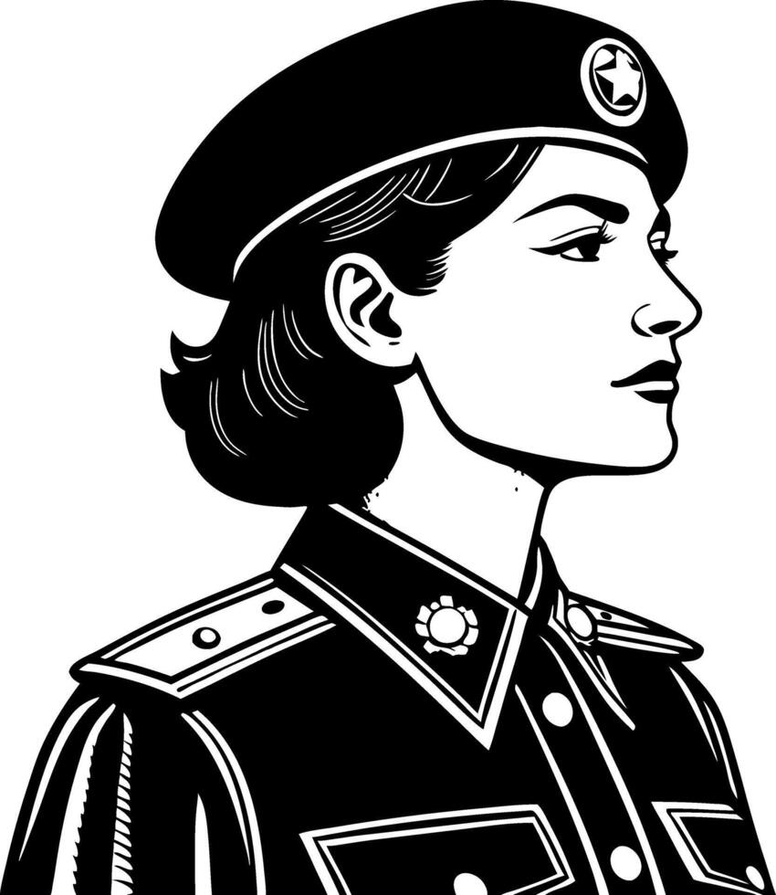 Female Soldier Portrait in Uniform for Tattoo and Coloring Book Design Inspiration vector