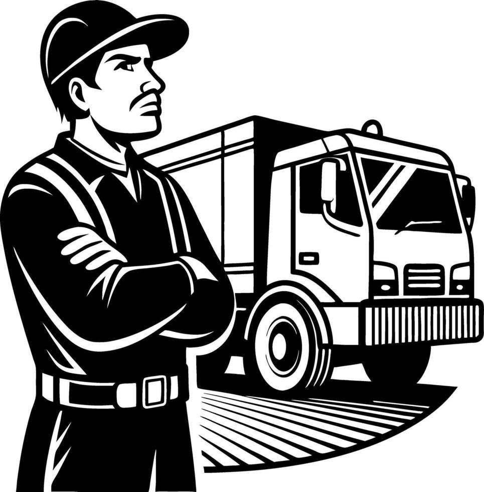 Confident Waste Management Worker Standing with Truck in Urban Environment vector