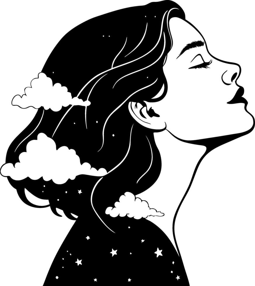 Silhouette of a Dreamy Woman with Clouds and Stars Hair Design for Tattoos and Crafts vector