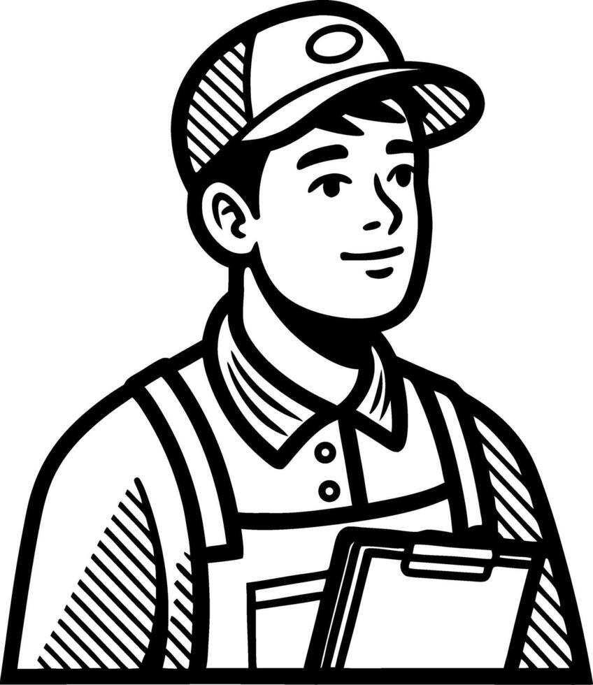 Friendly Male Worker in Cap Holding Clipboard for Professional Use vector