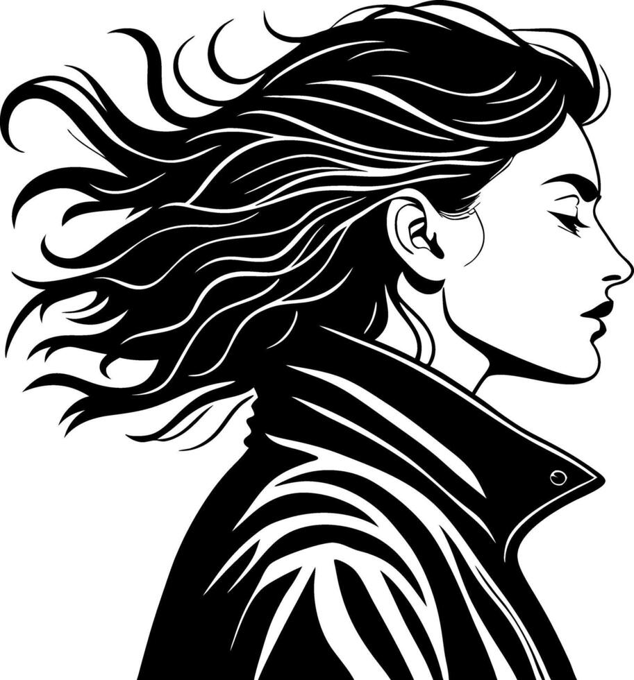 Profile Silhouette of a Woman with Flowing Hair in a Stylish Jacket for Modern Designs vector