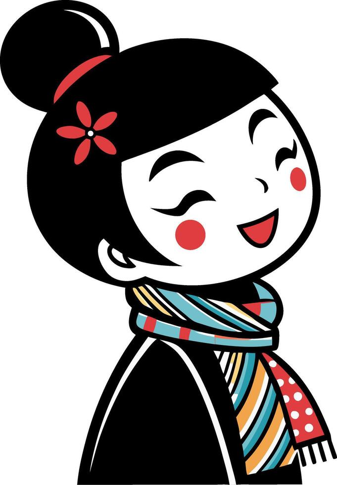 Cheerful Girl Illustration with Scarf and Flower in Hair Perfect for Kids Design Projects vector