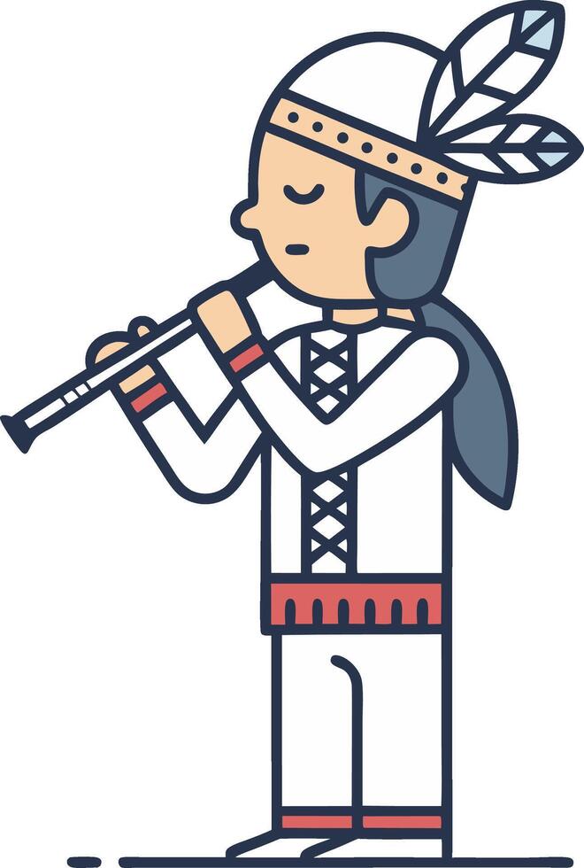 Native American Boy Playing Flute in Traditional Clothing Illustration vector