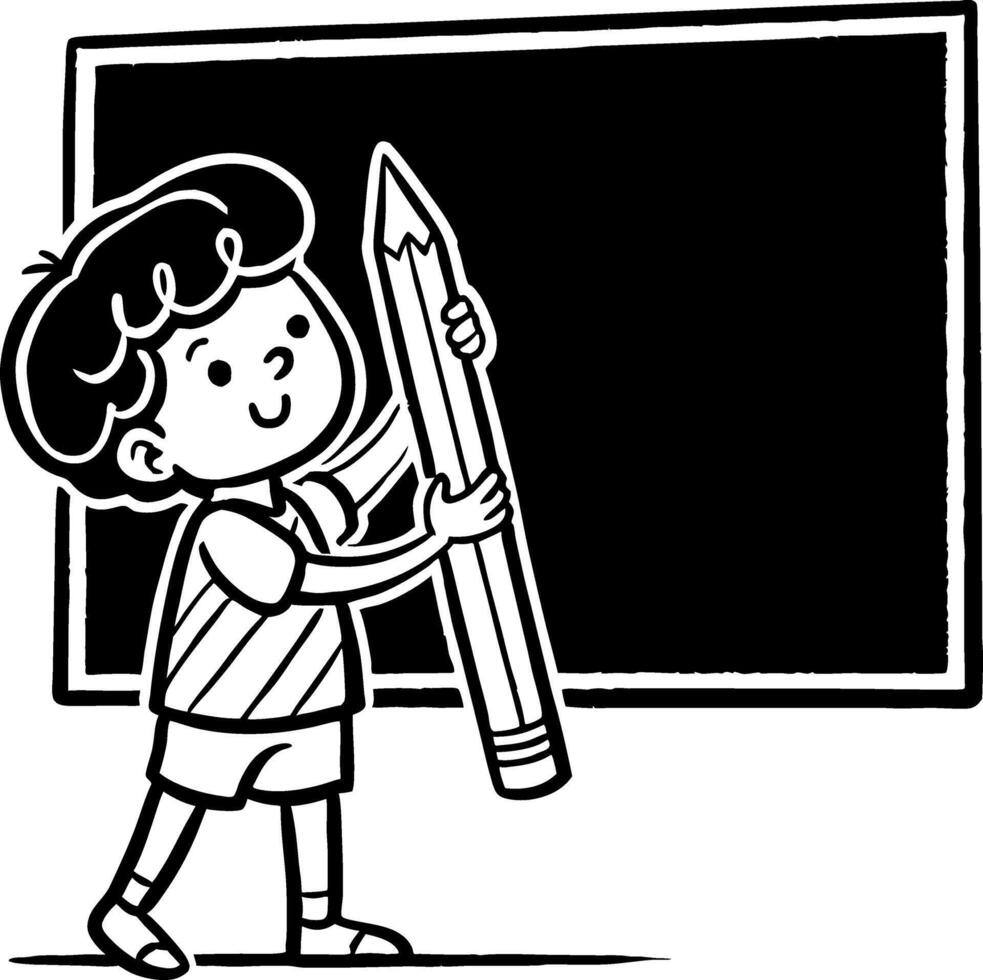 Happy Child Holding Giant Pencil in Front of Black Chalkboard Ideal for Educational Themes vector