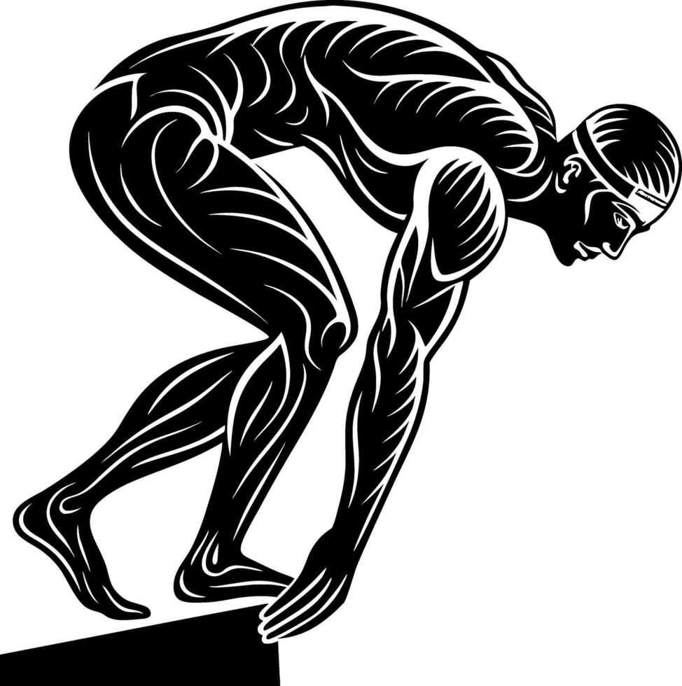 Dynamic Male Diver Ready to Leap from the Edge Strong Athletic Pose in Black and White Style vector