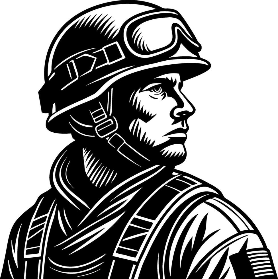 Detailed Portrait of a Soldier in Helmet and Goggles for Military Themed Designs vector
