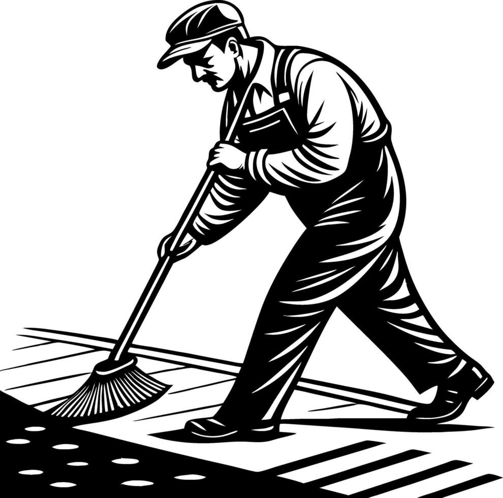 Vintage Street Sweeper Cleaning Worker in Overalls Using Broom for Urban Maintenance vector