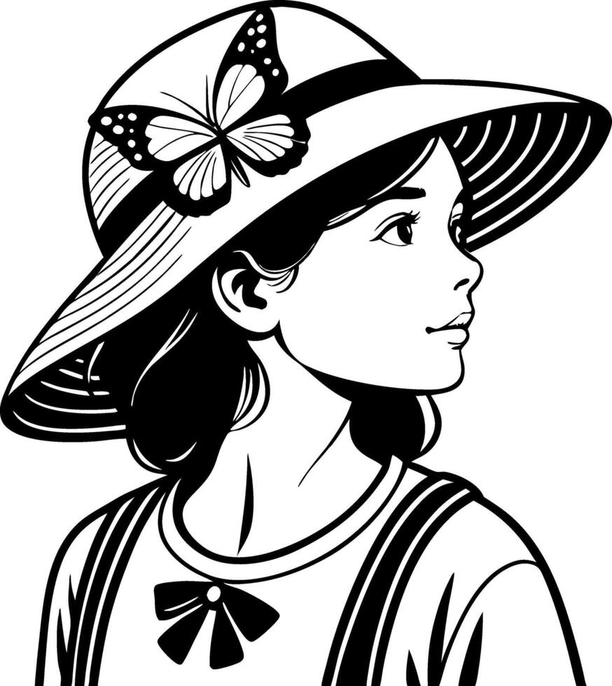 Profile of a Young Girl with a Butterfly Hat for Coloring Books and Creative Projects vector