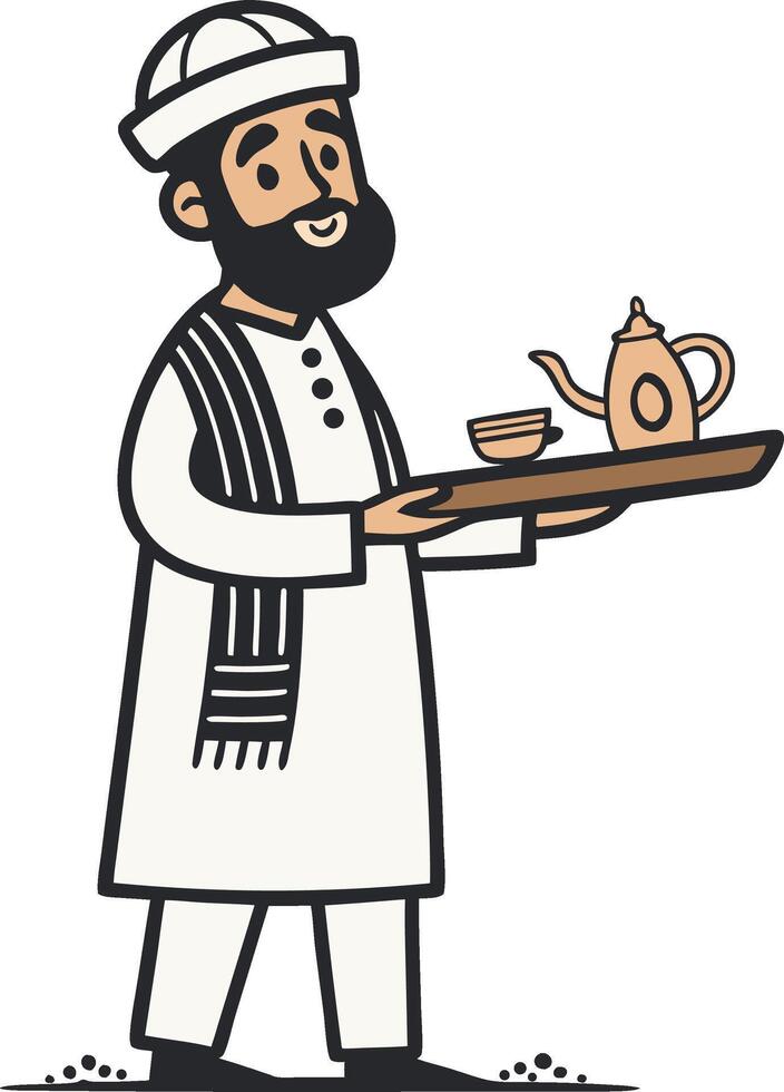 Traditional Server with Tray Offering Tea in Arab Dress Character Illustration vector