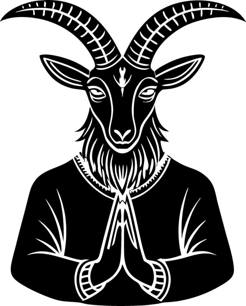 Majestic Black Goat with Hands in Prayer Pose Illustrating Spiritual Serenity and Connection vector