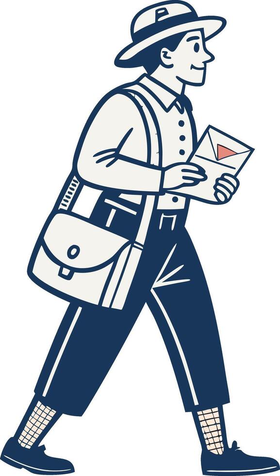Vintage Postal Worker Walking with Envelope in Messenger Bag for Retro Design Projects vector
