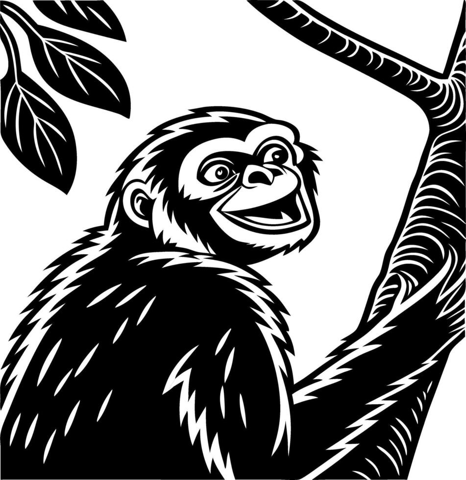 Playful Monkey Climbing Tree Illustration for Wildlife Themes Coloring Book or Tattoo Design vector