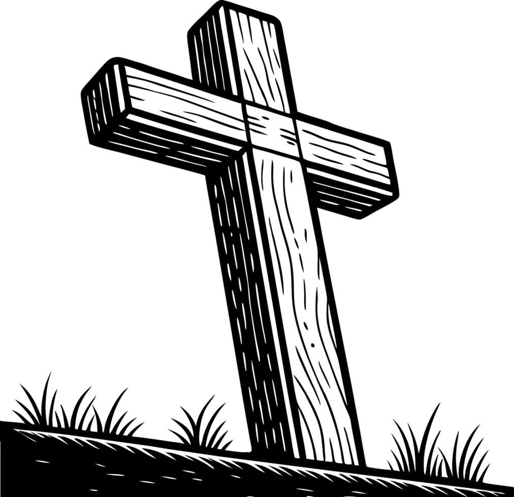 Wooden Cross Grave Marker Surrounded by Grass for Memorial and Tombstone Designs vector