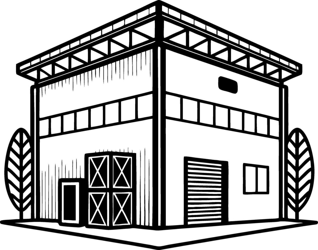 Industrial Warehouse Building Exterior Outline for Architecture and Construction Projects vector