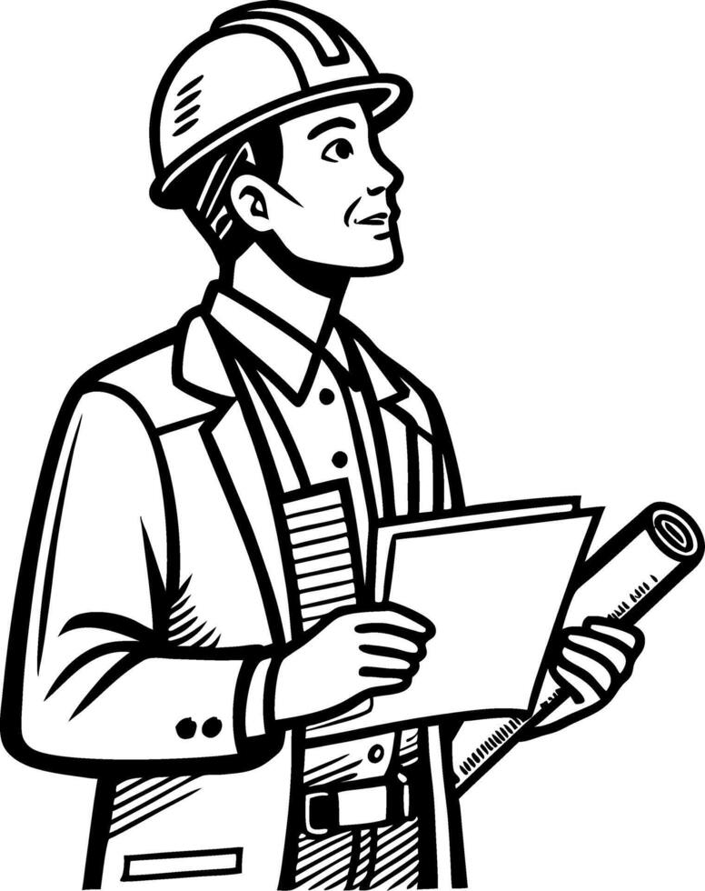 Professional Construction Worker Holding Blueprints in Hard Hat and Suit for Engineering Designs vector