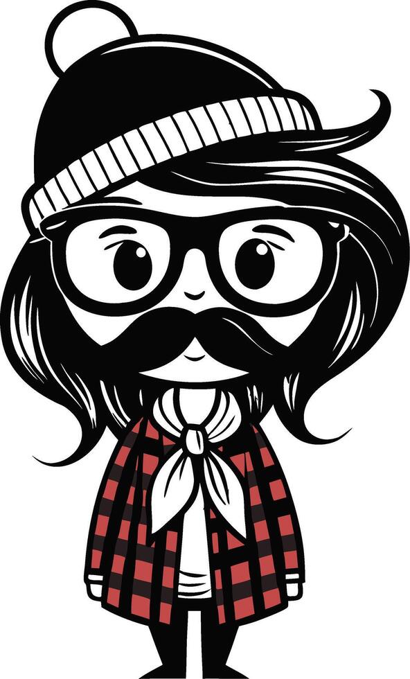 Hipster Character in Beanie and Plaid Shirt with Glasses Cute Illustration vector