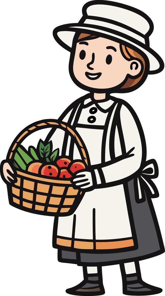 Cheerful Girl in Vintage Outfit Holding a Basket of Fresh Fruits and Vegetables for Illustrations vector