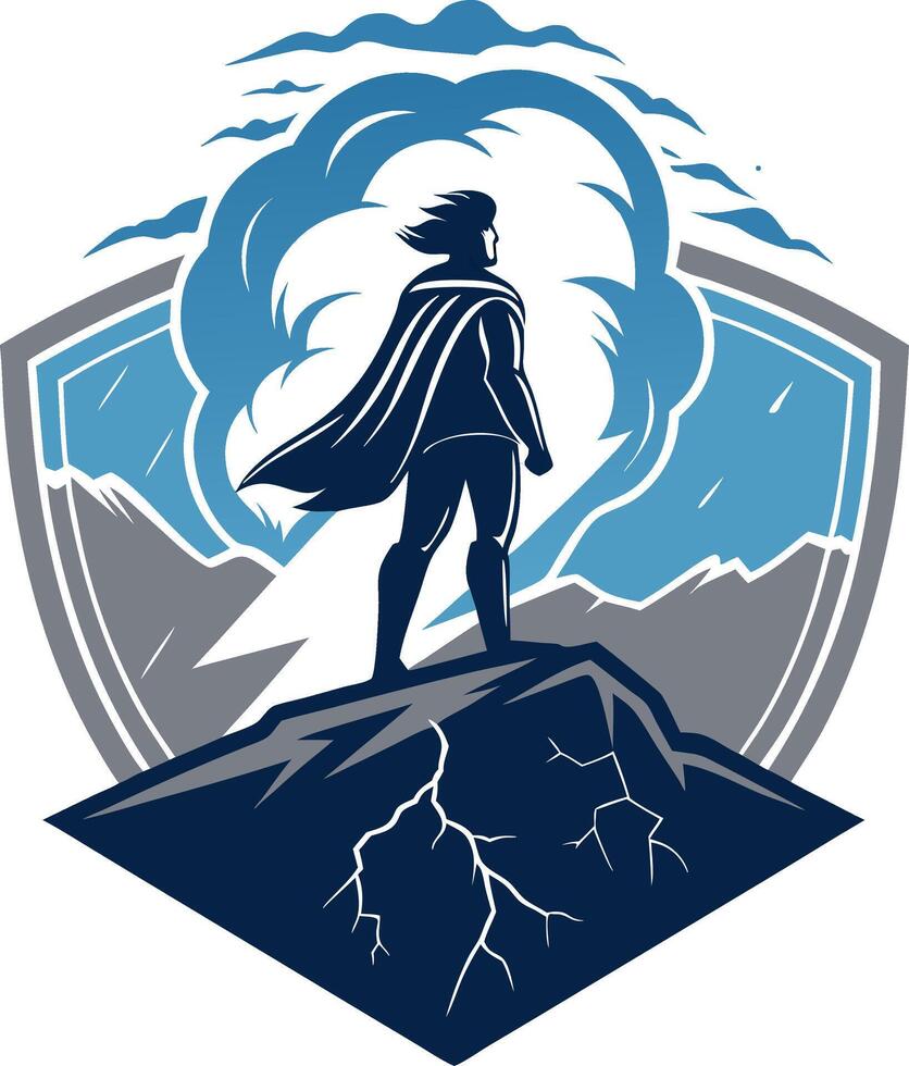 Heroic Figure Overlooking Mountains with Storm Clouds and Lightning for Inspirational Designs vector