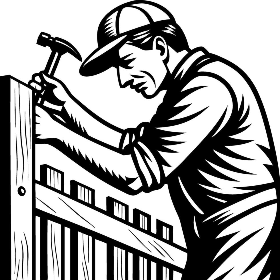 Craftsman Hammering Wood to Build Fence Vintage Style Design for DIY Projects and Crafts vector
