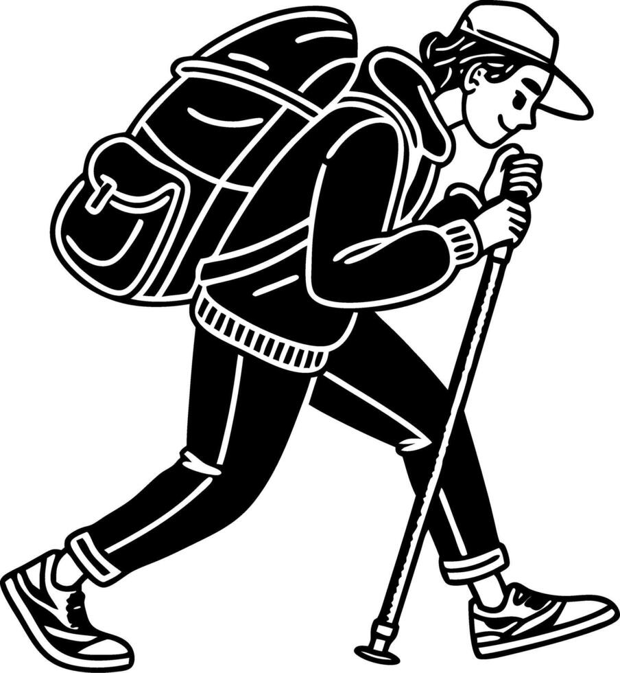 Outdoor Hiking Explorer with Backpack and Walking Stick in Action Pose vector