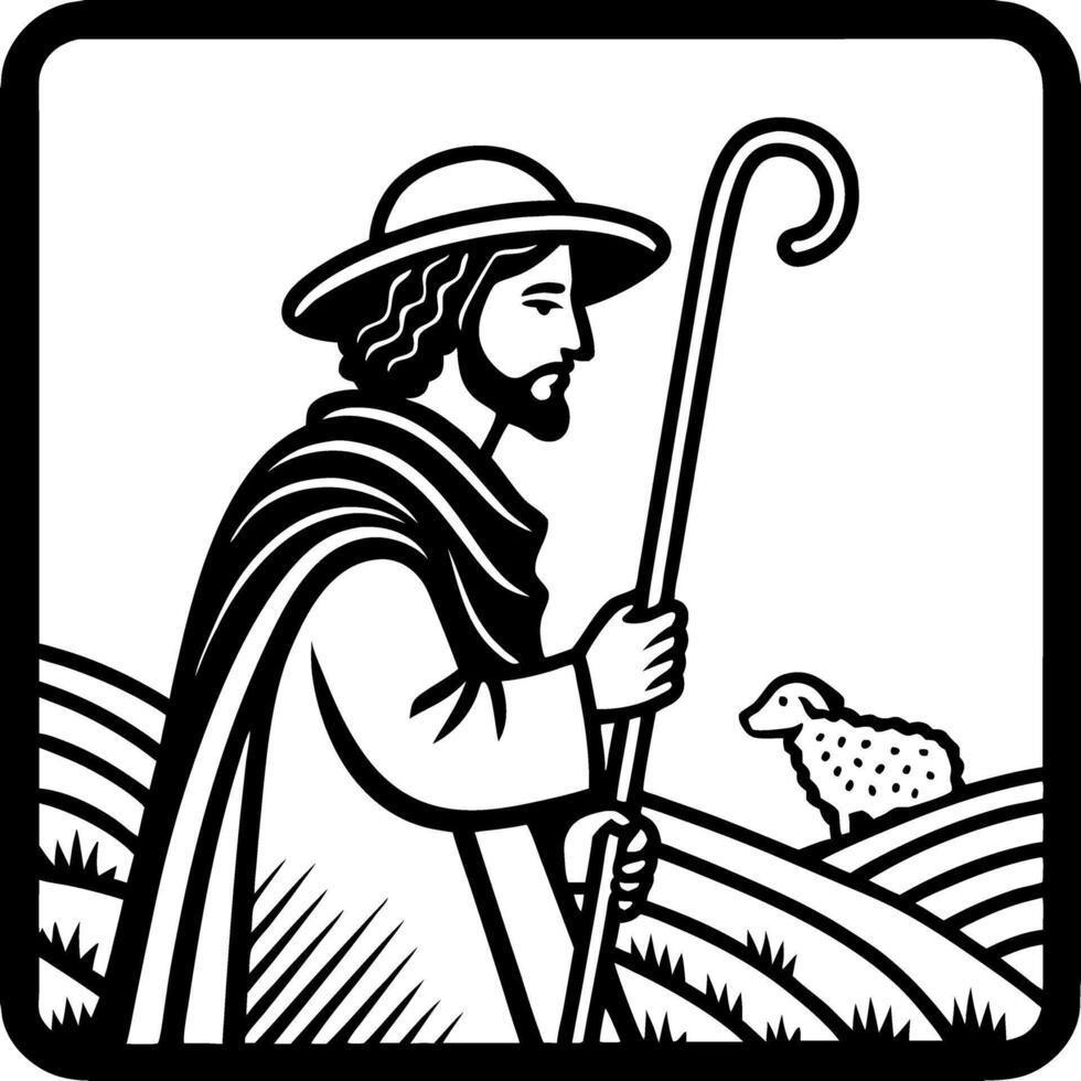 Shepherd Holding Staff with Sheep in Rolling Hills Illustration for Tattoos and Crafts vector