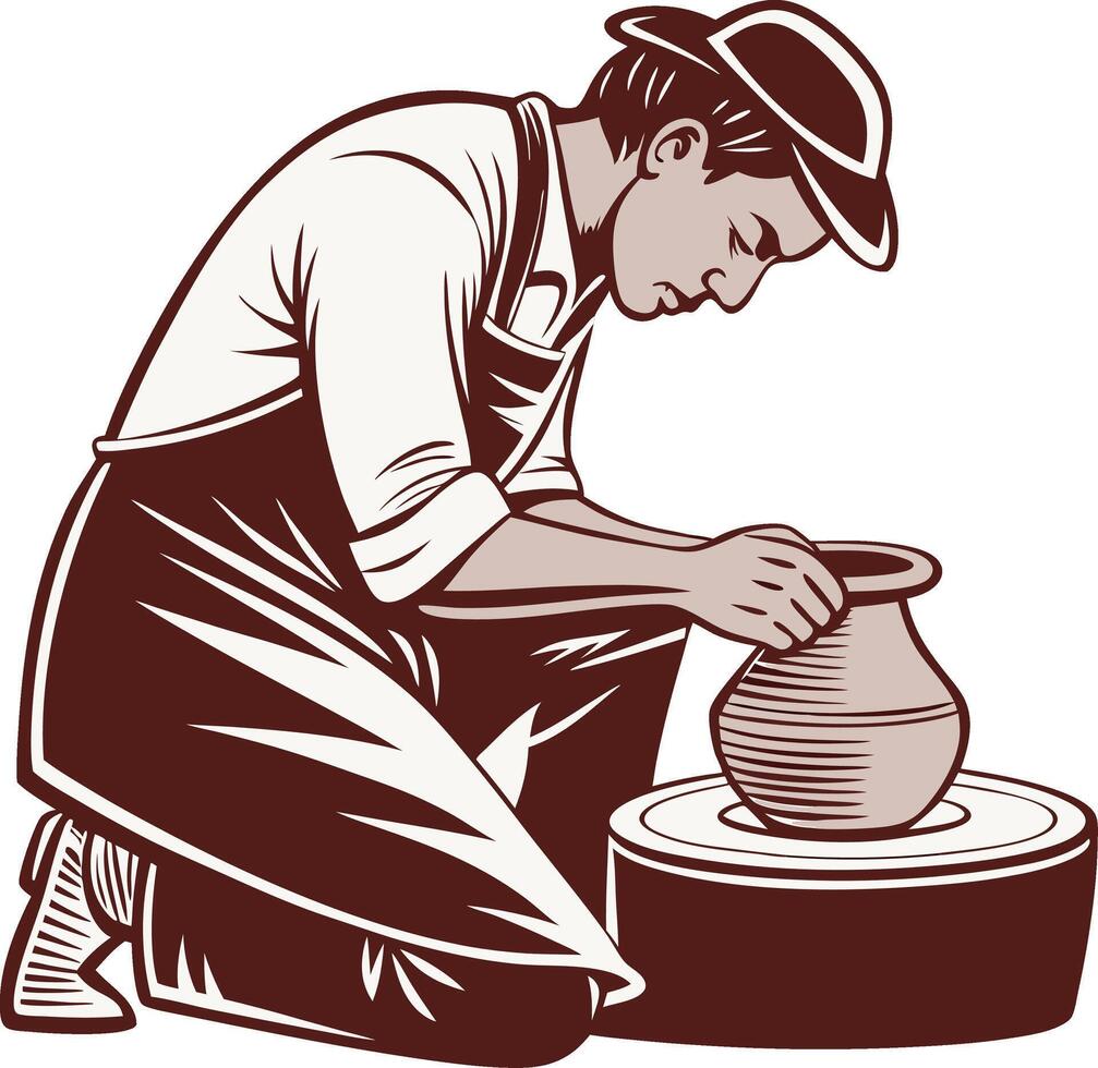 Craftsman Shaping Clay on Pottery Wheel Unique Artisan Pottery Illustration for DIY Crafts vector