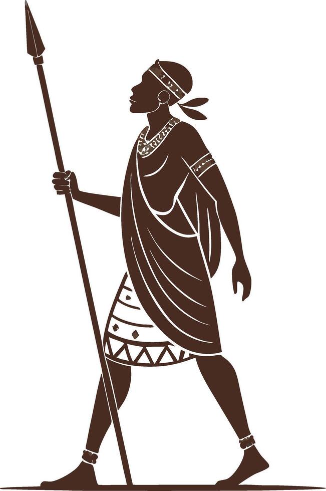 African Warrior Figure with Spear in Traditional Attire for Cultural and Artistic Projects vector