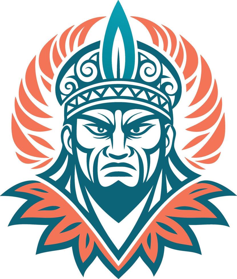 Bold Warrior Tribal Face Illustration with Leaf Patterns for Tattoo and Design Projects vector