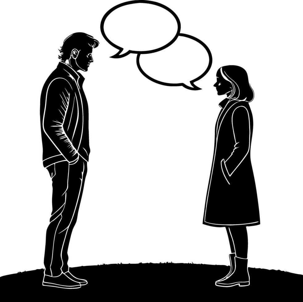 Silhouette of Man and Woman Engaging in Conversation with Speech Bubbles for Communication Themes vector