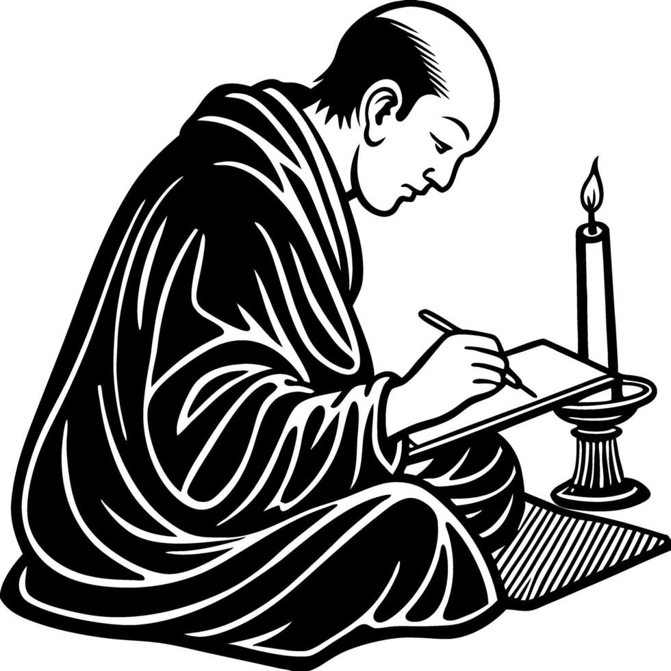 Monk Writing in Meditation with Candle Light for Spiritual and Creative Inspiration vector