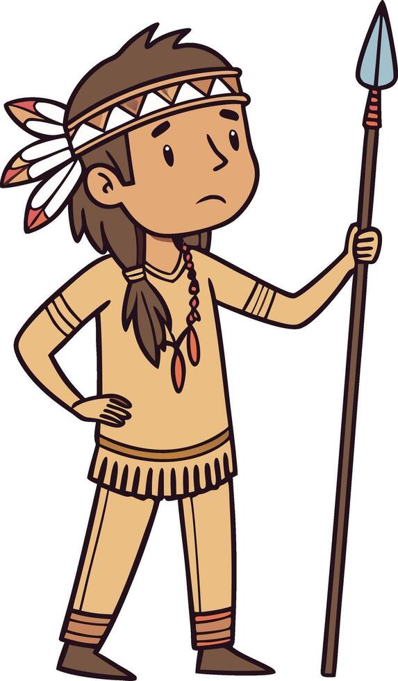 Native American Character with Spear and Traditional Attire for Illustrations and Designs vector