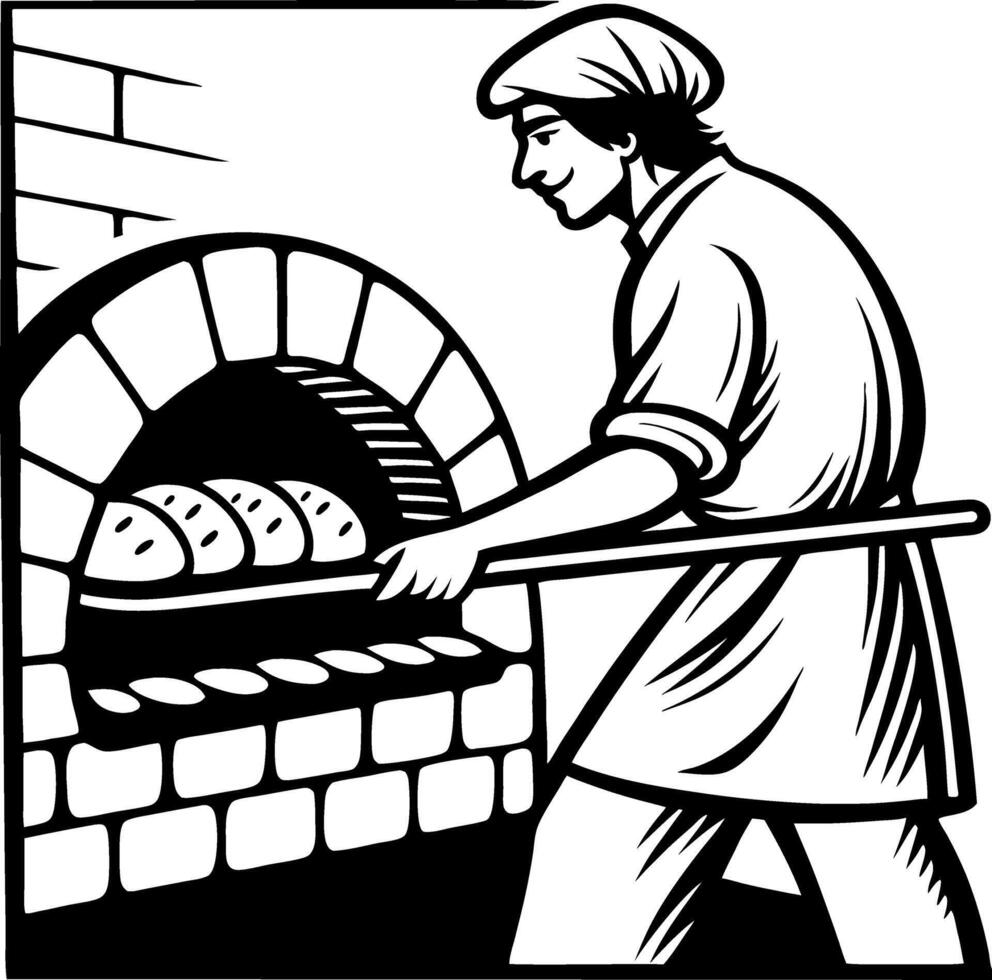 Baker in Traditional Bakery Oven with Freshly Baked Bread Illustrating Artisan Craftsmanship vector