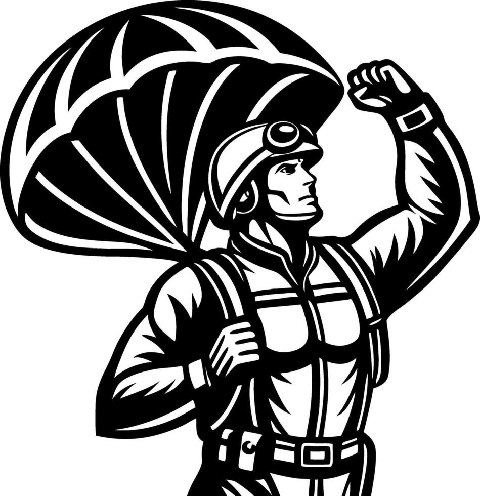 Heroic Paratrooper with Outstretched Arm Symbolizing Courage and Adventure vector