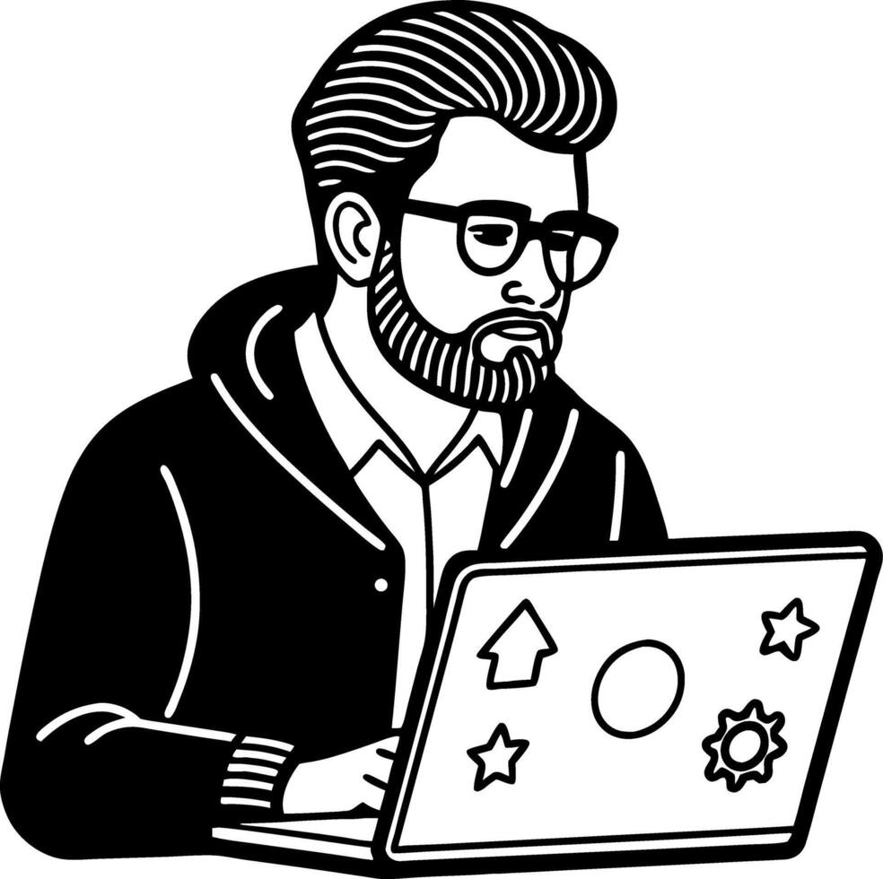 Focused Young Man Working on Laptop with Stickers in Casual Hoodie for Modern Design Projects vector