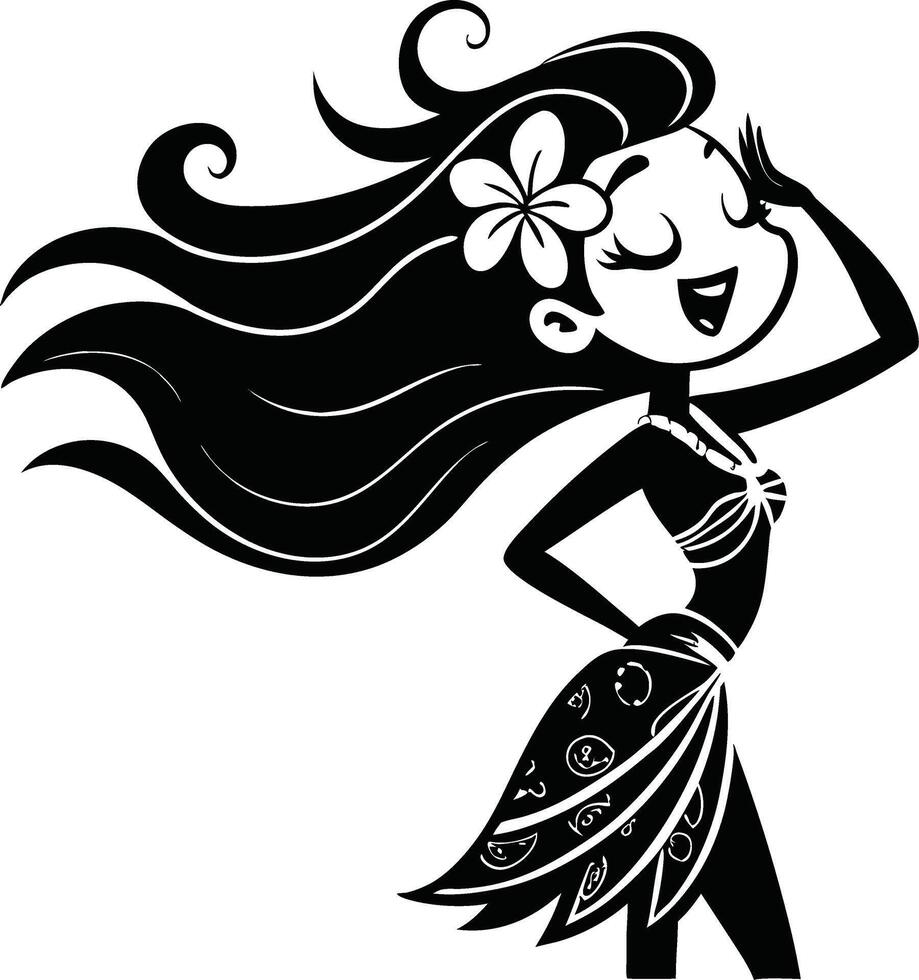 Playful Hawaiian Girl Illustration with Flowing Hair and Floral Accents for Creative Projects vector